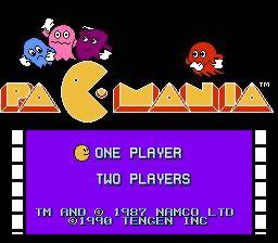 Pac-Mania's title screen, showcasing 4 of the game's 5 ghosts above the logo.