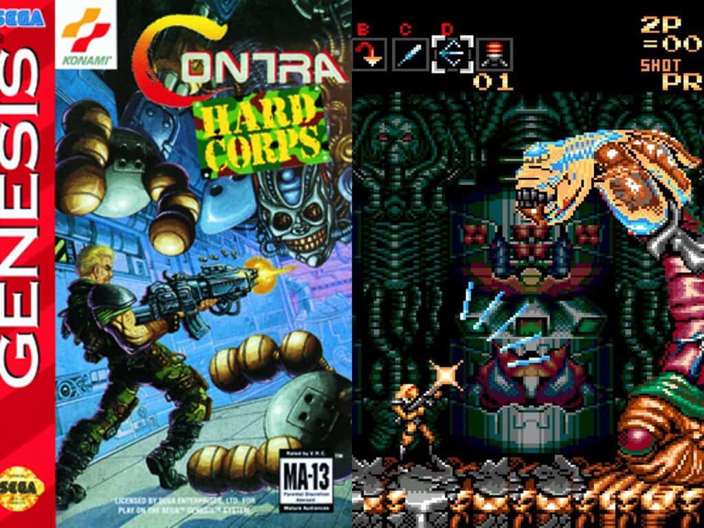 Contra: Hard Corps box art and gameplay