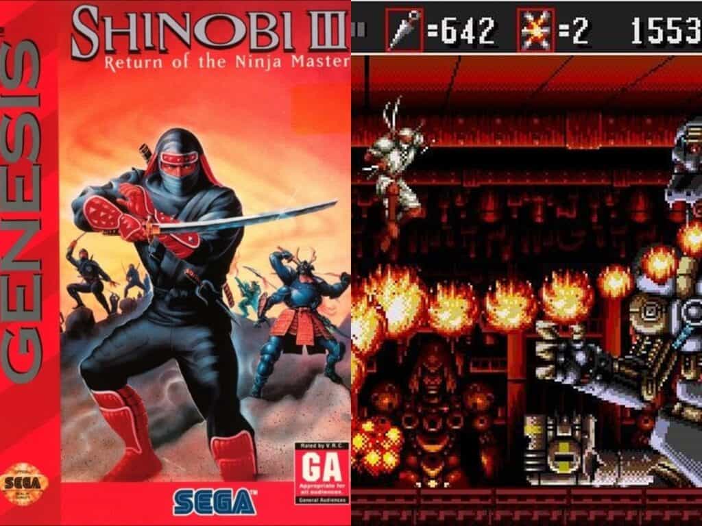 Shinobi III box art and gameplay