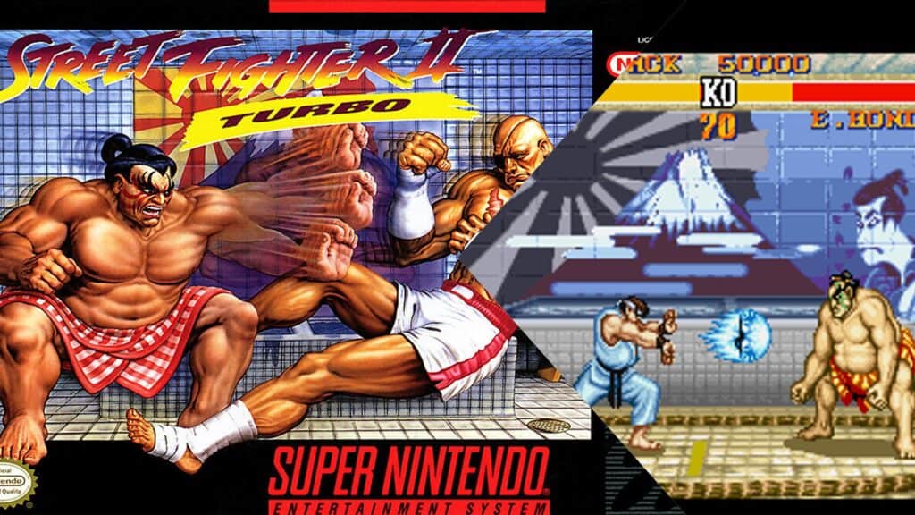 Street Fighter II Turbo box art and gameplay
