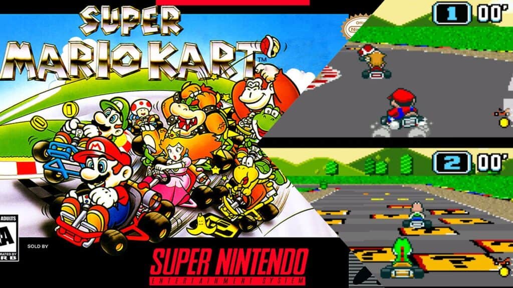 Super Mario Kart box art and gameplay